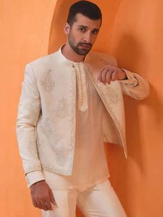 Festive Formal Nehru Jacket With Intricate Embroidery, Formal Nehru Jacket With Intricate Embroidery For Transitional Season, Fitted White Suit For Festive Occasions, White Festive Formal Blazer, White Fitted Blazer For Festive Occasions, Festive White Formal Blazer, Transitional Formal Nehru Jacket With Intricate Embroidery, Festive White Fitted Suit, Formal Long Sleeve Party Wear Traditional Clothing