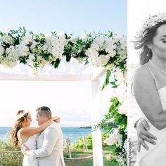 a bride and groom standing under an arch with flowers