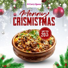 a merry christmas flyer with a bowl of food on the table and decorations in the background