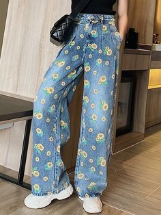 ⚡️Free Shipping 2022 Sunflower Print Wide-leg Jeans Blue S under $46.00 in Jeans at AnotherChill.com Online. Style: Casual. Color: Blue. Fabric Content: Cotton, Denim. Fit Type: Wide leg. Design: Washed, High Waist, Pockets. ✓2022 SUMMER OUTFITS. Check reviews and buy Sunflower Print Wide-leg Jeans today. Jeans Online Store, Sunflower Print, Jeans Online, Leg Design, Exclusive Fashion, Vintage Streetwear, Wide Leg Denim, Casual Denim, Grunge Fashion