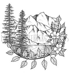 a black and white drawing of mountains with trees in the foreground, surrounded by flowers