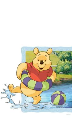 a winnie the pooh character is playing in the water with an inflatable ball