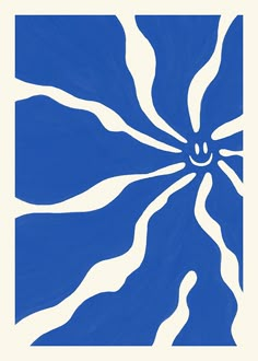 an abstract blue and white painting with lines coming out of it's center point