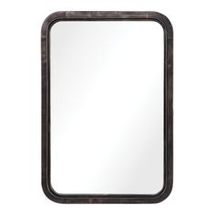 a rectangular mirror with an iron frame on the front and back sides, against a white background