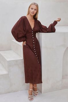 Juliette Pearl Buttons Midi Dress – ELF Brown V-neck Midi Dress For Cocktail, Elegant Brown Puff Sleeve Dress, Brown Puff Sleeve Midi Dress For Brunch, Elf Dress, Dress Looks, Long Midi Dress, Romantic Evening, Feminine Silhouette, Dress Pant