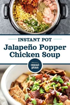 instant pot jalapeno popper chicken soup in a white bowl with the title