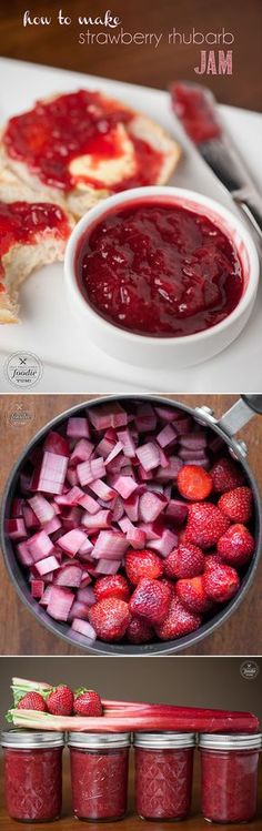 strawberry rhubarb jam and sliced strawberries in jars