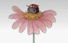 a drawing of a ladybug sitting on top of a pink flower