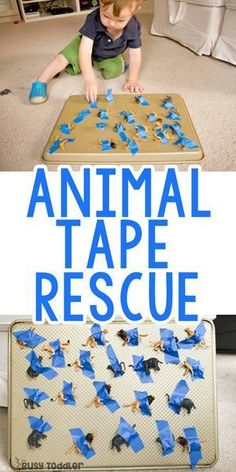 an animal tape rescue activity for toddlers to do on the floor with their toys