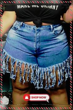 Summer Plus Size Blue Black Tassels Denim Shorts Summer Plus Size, Bottoms Shorts, Women's Style, Plus Size Fashion, Blue Black, Tassels, Denim Shorts, Plus Size, Blue