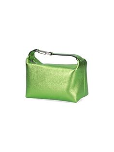 Eéra "Moon" handbag in green laminated leather, top handle, silver logo hook detail, zip closure, main inner compartment. Composition: 100% Leather Modern Green Handheld Bags, Modern Green Handheld Bag, Green Formal Bag With Round Handle, Green Formal Shoulder Bag With Round Handle, Green Formal Bags With Round Handle, Formal Green Shoulder Bag With Round Handle, Modern Green Top Handle Bag, Formal Green Bags With Round Handle, Green Leather Shoulder Bag With Round Handle