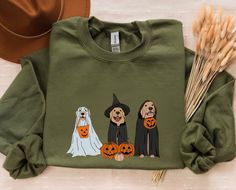 Halloween Sweatshirt, Ghost Dogs Sweatshirt, Halloween Dog, Halloween Crewneck, Fall Shirts, Pumpkin Sweater, Spooky Season, Dog Lover Gift HOW TO ORDER  1. Check photos for sizing and color options  📏 2. Select size and color from the drop down menus  3. Add to cart & Place order  🛒 4. Your sweatshirt is now off to production and will be ready for shipment the next weekday after ordering! 🎁  All sweatshirts come in multiple colours and sizes, ranging from Small to 3X-Large. Printed on a Prem Boxer Halloween, Dalmatian Halloween, Golden Retriever Halloween, German Shepherd Shirt, Bulldog Sweatshirt, Golden Retriever Shirt, Corgi Shirt, Pitbull Shirts, Chat Halloween