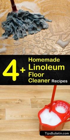 the four homemade linoleum floor cleaner recipes are on the table and in front of it is a red mop