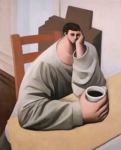 a painting of a man sitting at a table holding a coffee cup