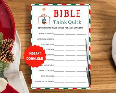 a printable bible think quick christmas wish list is on a table next to a red plate and silverware