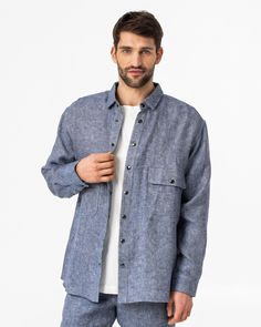 "Linen shirt in denim pattern ASHEVILLE is a sophisticated update to your denim shirt collection. Made from heavyweight linen, comes in an oversized design with a button through the front. It can easily be styled with both casual and official outfits. This linen shirt can be also worn as an overshirt for more relaxed looks - just layer it with your favorite T-shirt. Details: * Button-through front, stud closure * Loop to back yoke * Model is wearing size XL and is 6'1\"/187cm - - - - - - - - - - - - - - - - - - - - - - - - - - - - - Fabric & care: * OEKO-TEX certified (2019OK0776) * Made from 100% European flax * Stone washed for maximum softness * Machine washable. - - - - - - - - - - - - - - - - - - - - - - - - - - - - - FOR SIZE GUIDE see images above - - - - - - - - - - - - - - - - - - Blue Linen Shirt For Fall, Blue Linen Shirt With Pockets, Spring Linen Shirt With Patch Pockets, Fall Linen Shirt With Pockets, Casual Linen Shirt With Patch Pockets, Washed Blue Long Sleeve Linen Top, Fall Linen Shirt With Welt Pockets, Casual Linen Shirt For Fall, Official Outfits