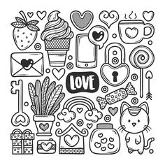 a black and white illustration with the word love surrounded by doodles, hearts, flowers, candy, keys, candies, lollipops