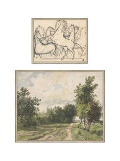 two drawings of horses and trees on a white background