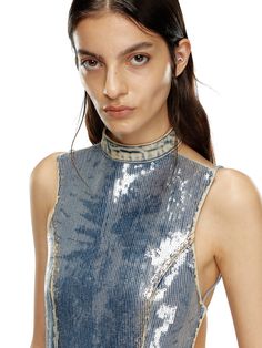 Cotton top with sequins- Closure With Strap And Snap Button- Open Back With Stretch Strap- Sleeveless- Lined- 99% Cotton 1% Elastane Stretch Strap, Pleats Please Issey Miyake, Denim Design, Cotton Top, Yoga Wear, Fashion Labels, Denim Top, Italian Fashion, Denim Shop