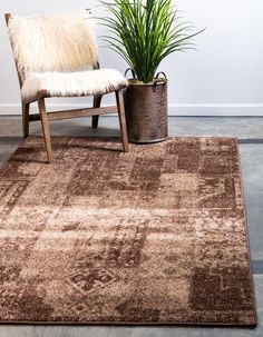 a chair sitting on top of a rug next to a potted plant