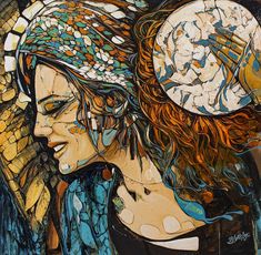 a painting of two women with their faces covered in stained glass mosaics, one woman has her eyes closed and the other is looking down