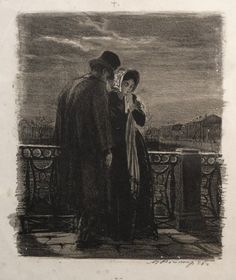 an old drawing of two people standing on a balcony