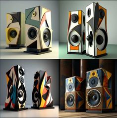 there are four different speakers on the same shelf and one is multicolored with an abstract design