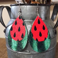 "Watermelon Faux Leather Teardrop Earrings! All jewelry is nickel free! **All earrings come with the back lined with black or a matching color vinyl** These are made by hand with love! Earrings are 3\" drop length Please select silver, bronze or gold jewelry in the options. *Message me for any custom requests*" Nickel Free Teardrop Earrings For Summer, Adjustable Teardrop Earrings For Summer Gifts, Adjustable Teardrop Earrings For Summer, Summer Teardrop Earrings, Woodburn Earrings, Cricut Faux Leather Projects, Clay Watermelon, Hand Painted Earrings Wood, Faux Leather Projects