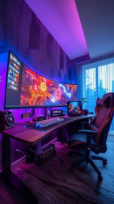 Modern gaming setup with LED lights, high-resolution monitors, premium speakers, and a comfortable gaming chair for immersive gameplay. Gaming Bedroom Ideas, Ultimate Gaming Setup, Game Room Ideas, Mens Bedroom Decor, Gaming Pc Build, Pc Gaming Setup, Video Game Room Design