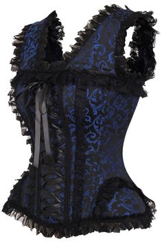 Overbust corset made of high quality brocade and lace fabrics 10 Spiral Steel boned with 2 Flat steel bones Delicate lace detailing Ribbon tie closure at back for cinching Privacy Panel Lined Hand Wash Gothic Lace Corset With Boned Bodice, Fitted Blue Corset With Corset Back, Elegant Blue Underbust Corset, Luxury Blue Corset With Corset Back, Gothic Overbust Corset With Lace Trim, Role Play Costume, Blue Corset, Steel Boned Corsets, Striped Shoes