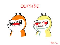 an image of two cartoon characters with the words outside written in red on them