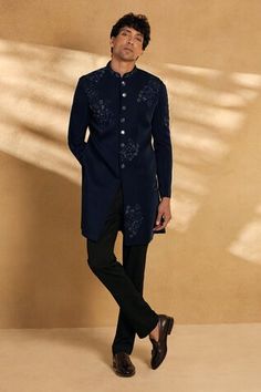 Blue sherwani with sequin, bead and threadwork embellished floral swirl motifs. Comes with pant. - Aza Fashions Blue Bollywood Bandhgala With Floral Embroidery, Bollywood Sherwani With Floral Embroidery For Formal Occasions, Bollywood Style Blue Sherwani With Floral Embroidery, Bollywood Style Floral Embroidered Sherwani For Formal Occasions, Bollywood Style Floral Sherwani For Formal Occasions, Fitted Sherwani With Floral Embroidery For Designer Wear, Fitted Sherwani With Floral Embroidery, Eid Floral Embroidered Fitted Sherwani, Fitted Bandhgala With Mirror Work For Transitional Season