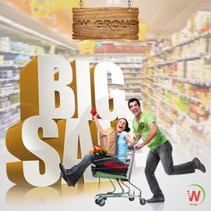 a man and woman pushing a shopping cart in a grocery store with the words big sale above them