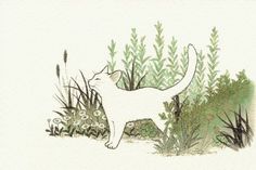 a drawing of a white cat standing in the grass near plants and flowers, looking up at it's tail