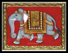 an elephant painted on a red background with gold trimmings