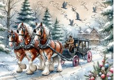 two horses pulling a carriage with people on it in front of christmas trees and birds