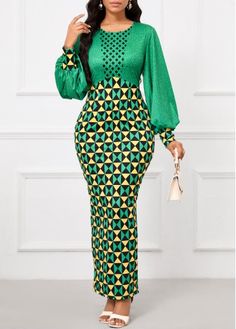 Color:Green;Size:S;Size:M;Size:L;Size:XL;Size:XXL;Package Contents:1 X Dress;Occasion:Other;Style:Bohemian; Green Fitted Dress With Splicing, Long Sleeve Ankara Maxi Dress For Parties, Fitted Geometric Pattern Party Dress, Green African Print Dress, Green Ankara Styles For Women, African Dresses For Women Church, Fitted Green Dress With Geometric Pattern, Ankara Dress Styles For Church, Fitted Long Sleeve Dress With Geometric Pattern