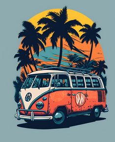 an orange and white vw bus parked in front of palm trees on the beach