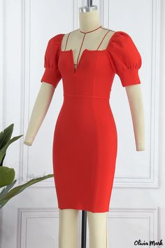 Olivia Mark - Red Patchwork Short Sleeve Dress with Solid V-Neckline: A stylish addition to your wardrobe Fitted Solid V-neck Dress For Work, Fitted V-neck Workwear Dress In Solid Color, Chic Red V-neck Midi Dress, Red Fitted V-neck Short Sleeve Dress, Red V-neck Bodycon Dress For Spring, Spring Red V-neck Bodycon Dress, Spring Red V-neck Dress For Night Out, Red Fitted V-neck Dress For Date Night, Red Fitted V-neck Dress With Short Sleeves