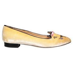 CONDITION is Very good. Minimal wear to shoes is evident. Minimal abrasions to the topline of both shoes on this used Charlotte Olympia designer resale item. Details Yellow Velvet Ballet flats Round toe Cat Face Embroidery Low heels Made in Italy Composition EXTERIOR: Velvet INTERIOR: Leather Size & Fit Product measurements: Soles: 266 mm / 10.5 in Insoles: 254 mm / 10 in Size: UK 5.5 / US 8.5 / EU 38.5 / FR 39.5 / IT 38.5 All of the luxury designer items are pre-owned unless stated otherwise and may have signs of wear and/or imperfections. By purchasing this pre-loved resale fashion clothes, bags, shoes or accessories you are helping the environment by buying & selling sustainably and extending the life cycle of the product. *Please note our policy does not permit any returns on lingerie, Face Embroidery, Sam & Cat, Velvet Interior, Velvet Interiors, Designer Items, Charlotte Olympia, Cat Face, Life Cycles, Olympia