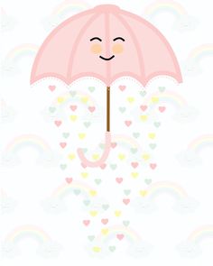 a pink umbrella with hearts and rainbows flying in the sky above it, on a white background