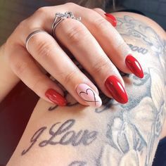 Red Heart Design Nails, Open Heart Nail Design, Valentine’s Day Heart Nails, Red Nails Design Heart, Oval Nails Valentines Day, Cute Simple Valentines Nails Short Almond, Red Nails With Heart Design, Almond Shape Valentine Nails, Valentines Day Nails Round