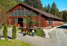 two horses standing in front of a barn with people walking by it on a dirt road