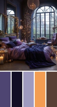 a bedroom with purple, orange and blue colors in the bedding is lit by candles