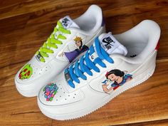 Custom Air Force 1's hand painted with a design inspired by the fairytale Snow White! Custom, bright, personalized Air Force 1's make a perfect gift for any occasion! The price includes a new pair of Nikes, your custom hand painted design, and shipping. Each pair is hand painted with high quality leather paints and sealed to provide long lasting results! All shoes are made to order and may vary slightly from the sample pair.  ⭐️ PERSONALIZATION IS FREE, you can add initials, a date, or any other Custom White Sneakers For Gift, Custom Handmade White Sneakers, Handmade Custom White Sneakers, White Handmade Custom Sneakers, Nike Air Force 1s, Painted Nikes, Custom Air Force 1, Leather Paint, Custom Hand Painted