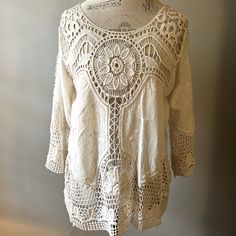 Taylor And Sage Size Large Ivory Color Blouse Cotton With Crochet Trim. 3/4 Sleeves. Pet Free/Smoke Free Home. Nwot. Never Worn Summer Bohemian Open Knit Blouse, Bohemian Open Knit Blouse For Summer, Bohemian Open Knit Summer Blouse, Long Sleeve Blouse With Lace Patchwork For Beach, Bohemian Long Sleeve Crochet Top For Spring, Bohemian Cream Tops For Brunch, Bohemian Crochet Lace Top For Brunch, Beige Long Sleeve Crochet Top For Layering, Summer Beige Tops With Lace Sleeves