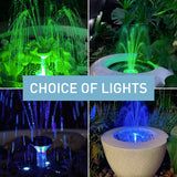 four different images of the same fountain with blue lights and green plants in it,