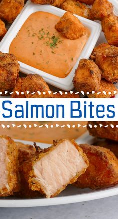 salmon bites with dipping sauce on the side