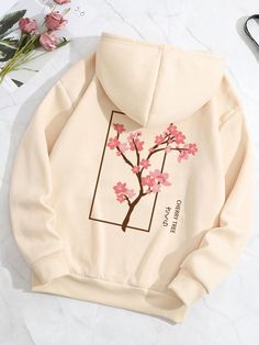 Letter   Floral Print Drawstring Thermal Lined Hoodie Easy 30 day return policy Hoodies From Shein, Cute Hoodies For Women, Hoodies Print Ideas, Hoodies Girl, Japanese Sweatshirt, Peach Hoodie, Cute Hoodies, Kawaii Hoodie, Printed Hoodies Sweatshirts