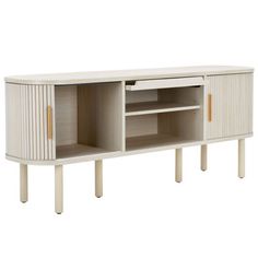 a white entertainment center with two doors and shelves on one side, an open shelf to the other